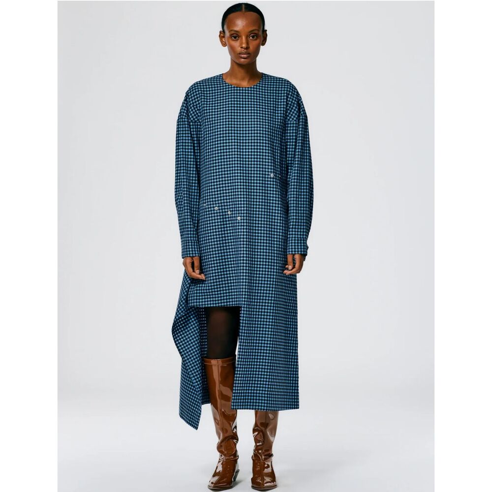 Tibi Pascale Gingham Asymmetric Flap Snap Dress